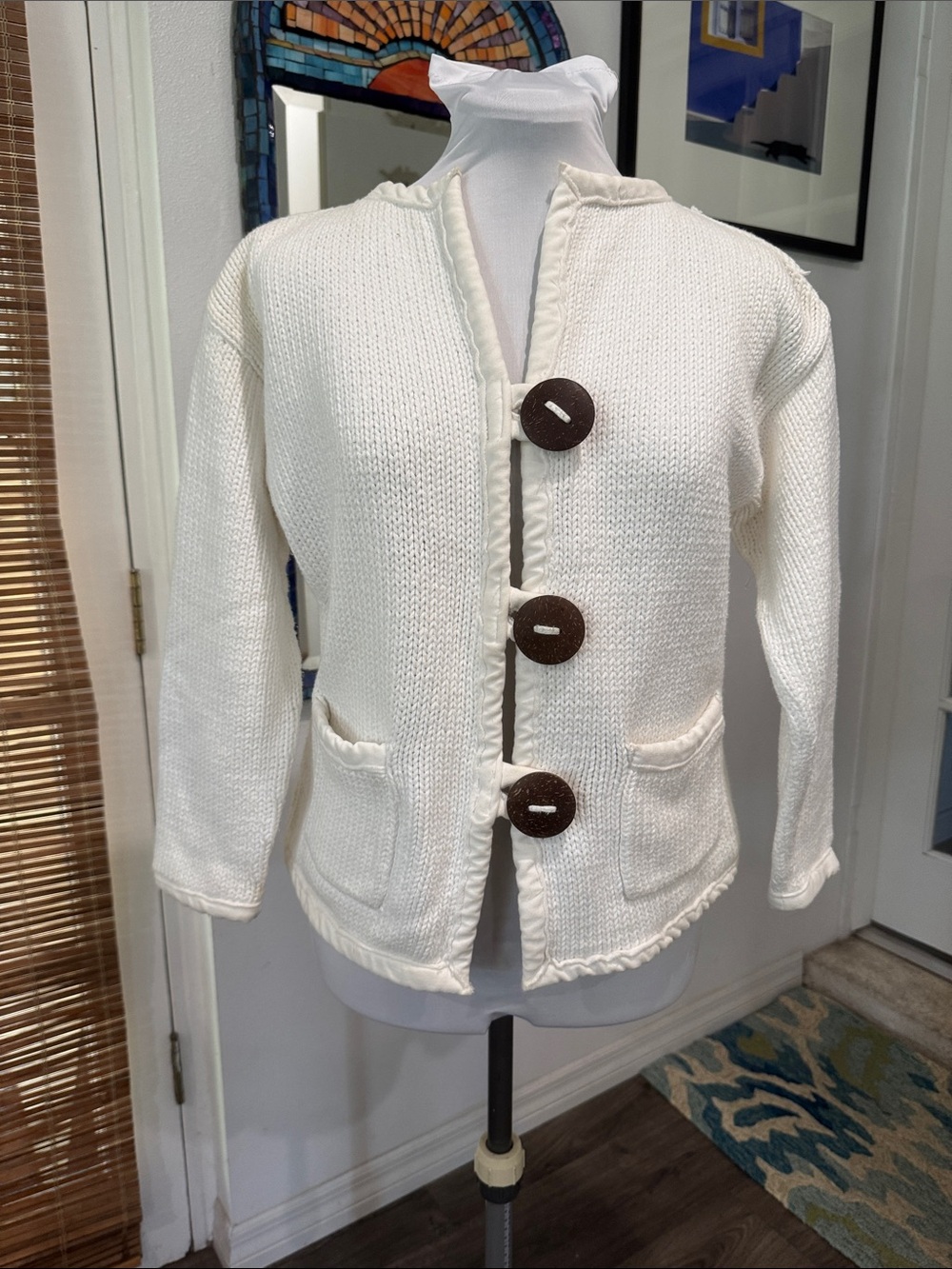 Cream Knit Button-Front Cardigan with Patch Pockets